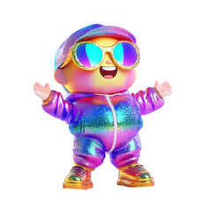 Colorful Cartoon Character in Shiny Outfit with Sunglasses, isolated on transparent background.