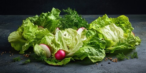 Variety of fresh, organic lettuce with a garnish, presented on a table.