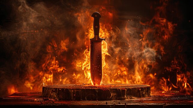 photo of a knife on a wooden  table with flames the background