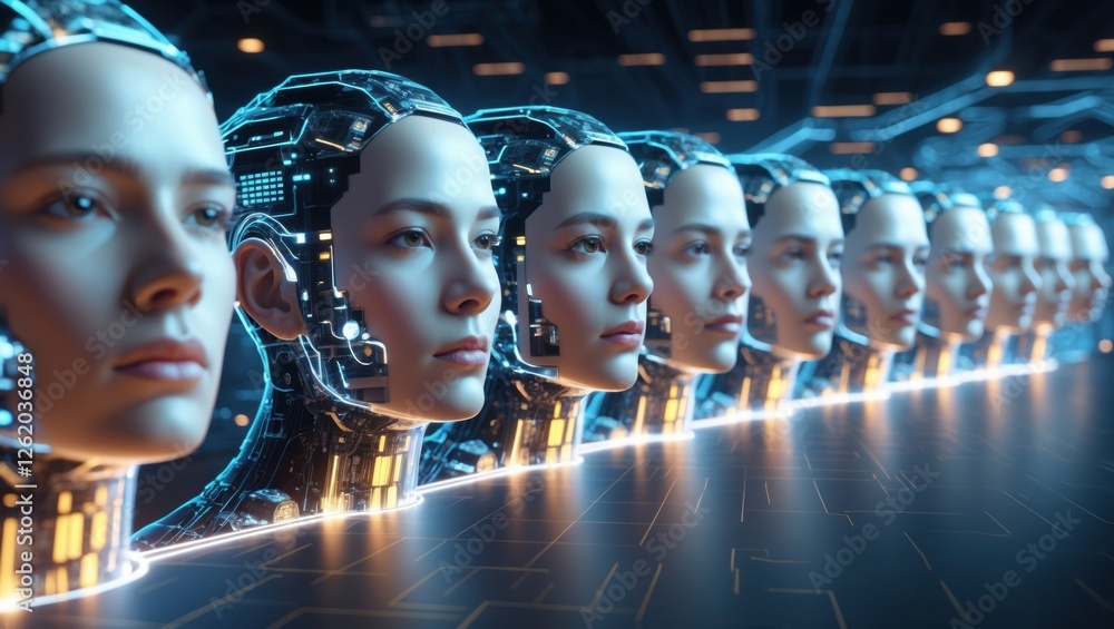 Poster exploration of the digital human evolution showcasing artificial intelligence with realistic robotic