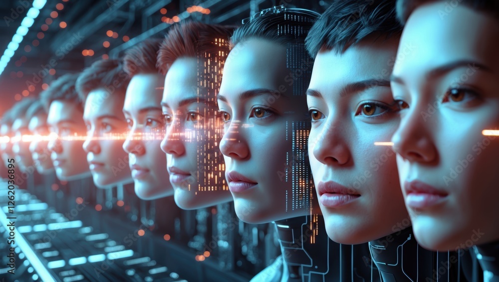 Poster exploration of advanced ai technologies through a series of realistic human-like faces with digital 