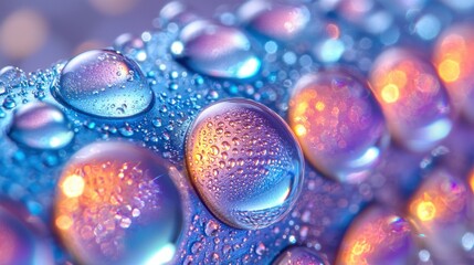 Iridescent water droplets on surface, bokeh background, macro shot, website banner