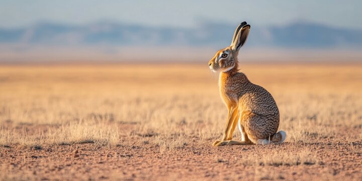 The rabbit is alert and standing upright on its hind legs. It appears to be in the desert environment, possibly looking out for predators or scanning the surroundings.