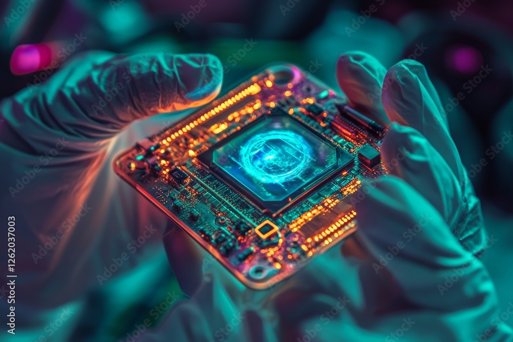Poster using holographic technology, a scientist in his lab is able to evolve man by handling a test tube f