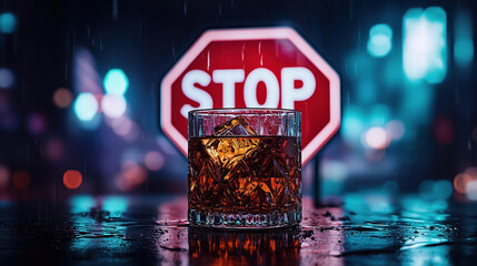 Whiskey glass with stop sign at night. Drunk driving awareness campaign