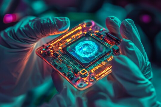 Using holographic technology, a scientist in his lab is able to evolve man by handling a test tube filled with DNA