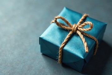 A small teal gift box tied with natural twine, a thoughtful present