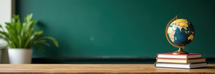 Globe on stack of books with chalkboard background for banner