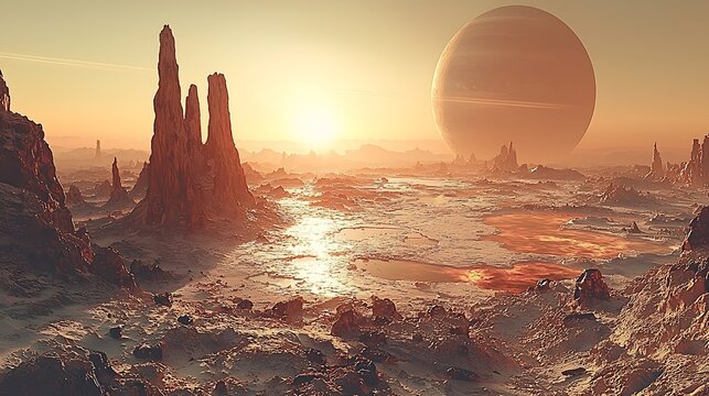 Arid Alien Landscape: A surreal and otherworldly landscape bathed in the warm glow of a setting sun. The scene features jagged rock formations, a shimmering body of water, and a large.