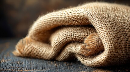 Fototapeta premium Rolled burlap sack on rustic wood, dark background