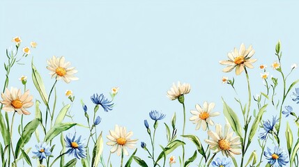 Watercolor meadow border with daisies and cornflowers on a pale blue background, whimsical style, natural flowing edges