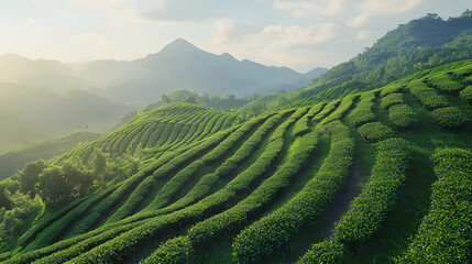 Tea fields on the mountain, lush green, with fresh air
