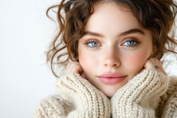 Close-up Portrait of Young Woman with Freckles in Cream Sweater