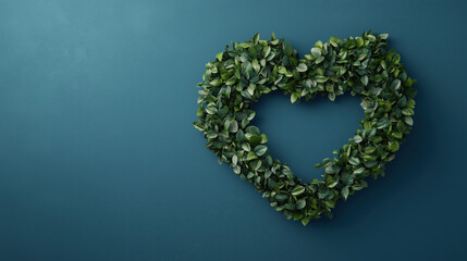 Heart shaped wreath with green leaves on blue wall with copy space. Love concept