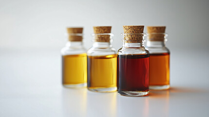 Glass bottles filled with essential oils in various colors, showcasing natural beauty and wellness. Perfect for aromatherapy and relaxation