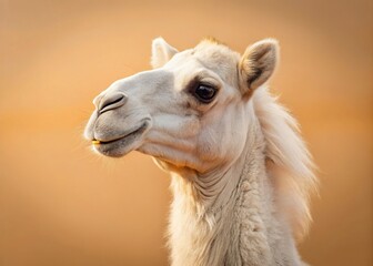 Obraz premium Minimalist Beige Background White Camel Portrait - Stock Photo