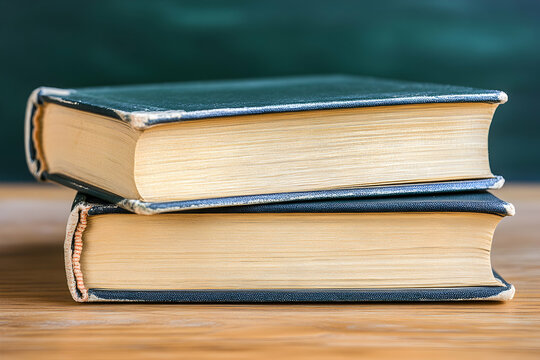 Two vintage hardcover books stacked on a wooden table against a dark green chalkboard background.  Perfect for education, knowledge, and reading concepts.
