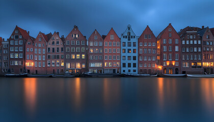 Serene twilight view of colorful canal-side houses reflecting in calm water. Ideal for travel, architecture, and city life themes.