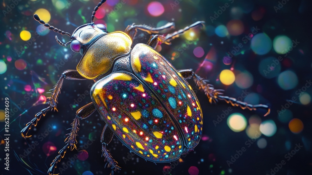Poster a colorful, shiny ladybug with a glowing effect and diamond-like patterns, created through digital a
