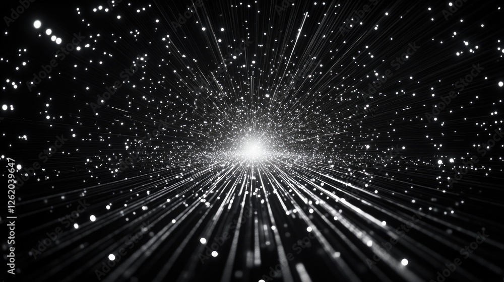 Poster an abstract depiction of a galaxy with radiating light rays and particle streams, evoking the concep