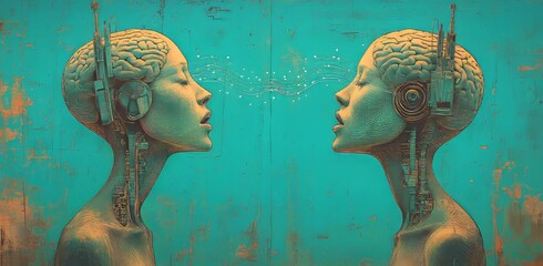 Human heads shown in silhouette profile. Memory concept intertwined with neurology and psychology