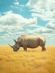 Fototapeta premium A wild rhino grazing in the grasslands of Africa.