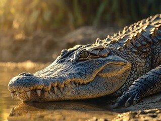 Fototapeta premium Alligator resting on muddy riverbank