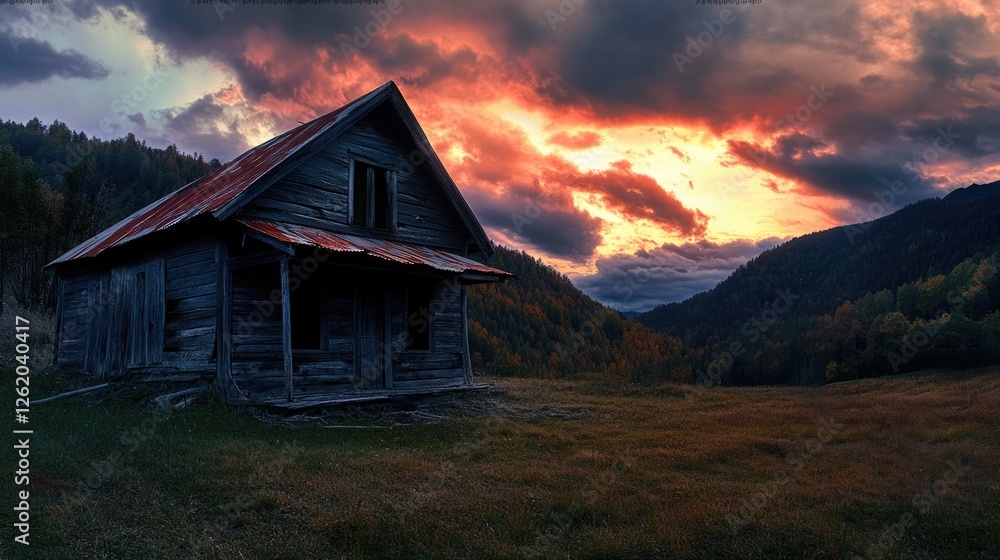 Poster rustic old structure in rural setting during dusk with cloudy sky. serene and lonely atmosphere.