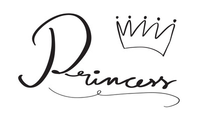 Princess text font calligraphy hand written lettering script black color sign symbol decoration ornament fashion royalty girl crown child print symbol design king fairy tale art drawing princess love
