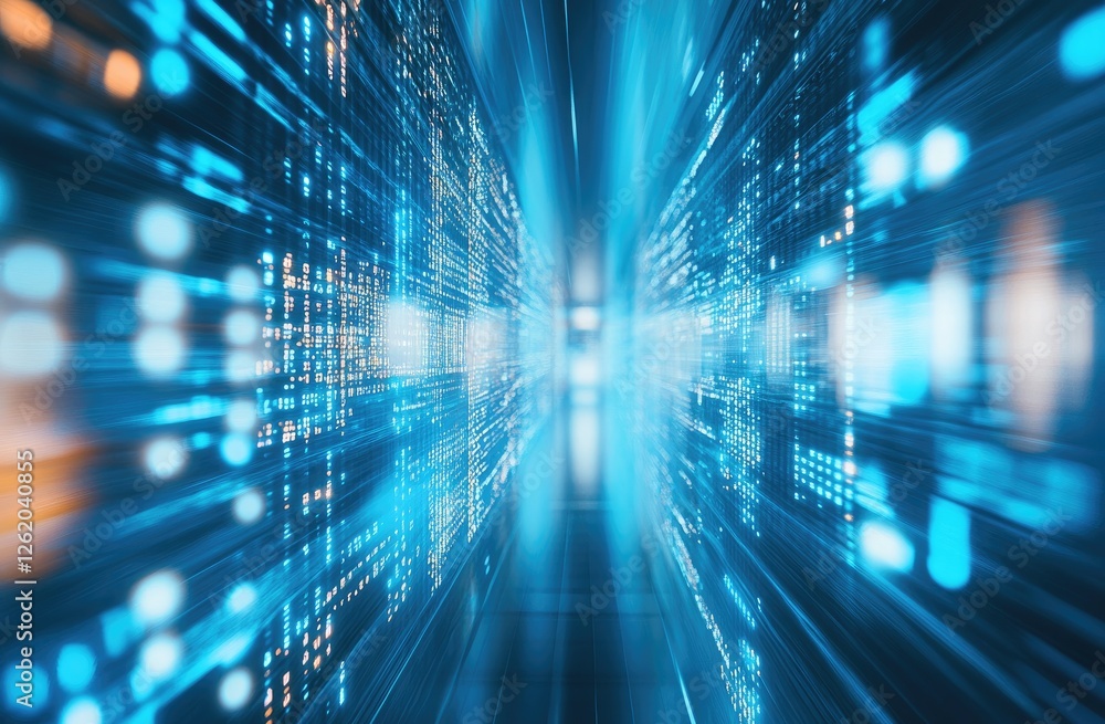 Aufkleber data streams flow through server room, digital backdrop
