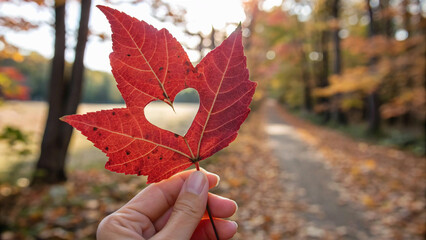 Heartfelt Autumn: A Red Leaf with a Love Cut in the Palm"