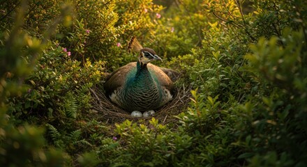 Obraz premium A serene peacock sitting on its eggs in a lush green nest surrounded by vibrant foliage at sunset