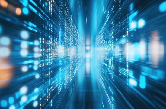 Data streams flow through server room, digital backdrop