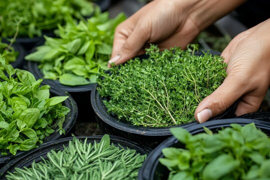Gardeners Arranging Fresh Herbs in Afternoon Light