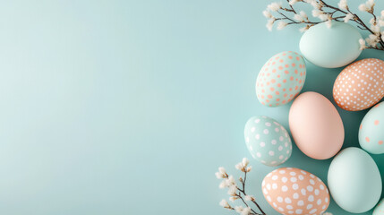 Pastel colored Easter eggs with spring flowers on a soft blue background