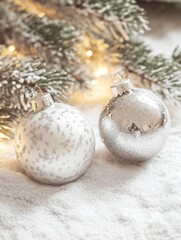 Pine needles with silver ornaments.