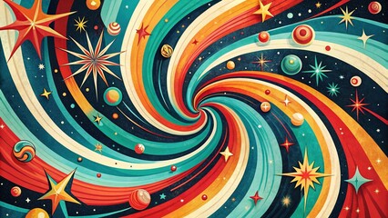 Fototapeta premium Retro 1950s Rockabilly Starry Night Background with Swirling Lines and Kitsch Design Elements