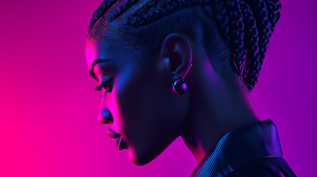 A futuristic fashion editorial featuring tightly sculpted braids forming a symmetrical crown, metallic reflections shimmering under cool-toned LED lights