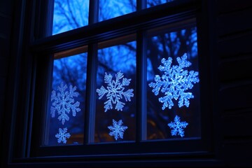 Glowing Snowflakes on Window Pane During Twilight Evening Scene