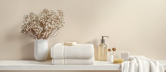 Beige wall, shelf, soap bottle, towels, dried flowers, white modern bathroom, front view, home decor mockup,