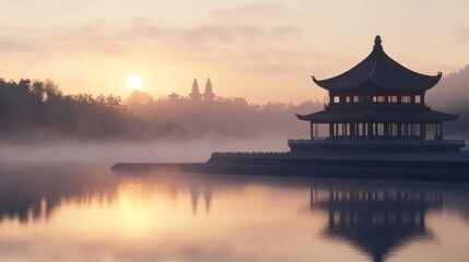 Obraz premium Sunrise over Chinese Pavilion by a lake