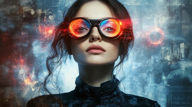 Futuristic woman with augmented reality glasses viewing digital skyline
