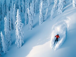 Skiing is an exhilarating winter sport enjoyed on snow-covered slopes. This image captures the thrill of downhill skiing with a skier carving through fresh powder.