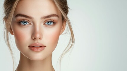 Fototapeta premium studio portrait of beautiful caucasian woman model 20-25 years old with light hair and well-groomed skin looking at camera, white background, copyspace