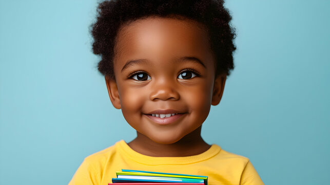 Happy African American toddler boy smiling broadly while holding a stack of colorful books against a light blue background.  Perfect for education, childhood, and diversity themes.