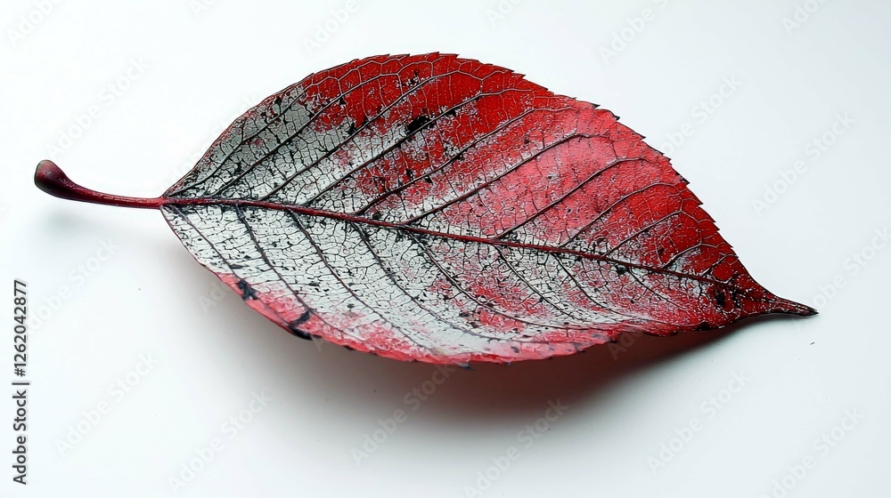 Poster red and white autumn leaf: a close-up macro photograph of a withered leaf with intricate texture and