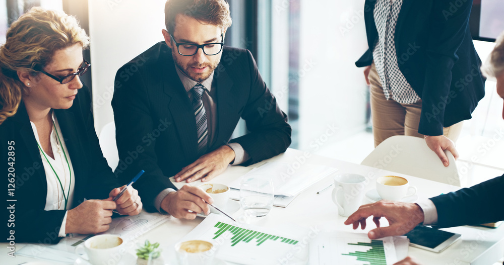 Poster Man, meeting and documents for finance, charts and review with discussion for audit results in office. Business people, team and paperwork with stats, graphs and accounting in boardroom at company