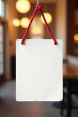 Blank White Sign Hanging from Red Rope in a Cafe