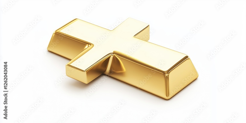 Poster a three-dimensional gold cross against a white background. the cross is clean and modern in design, 