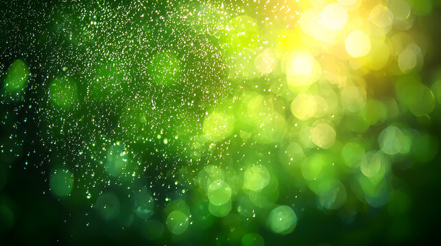 Emerald Rain:  A vibrant abstract image of glistening raindrops falling through a sunlit green forest, creating a bokeh effect and a sense of refreshing coolness. 
